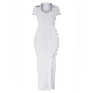 Pretty Little Thing Grey Marl Wide Rib Polo Collar Split Maxi Dress, Size 4
